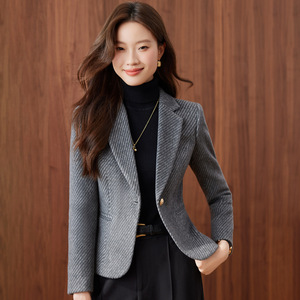 Women's Twill <b>Blazer</b> Woolen Fabric Anti-Wrinkle Slim Fit Autumn Winter Suit Jacket Pocket Design - Product Image 1