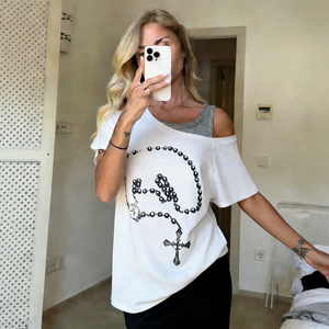 เสื้อกล้ามพิมพ์ลายไขว้สีตัดกัน คอเสื้อแบบอสมมาตร แต่งดีเทลตาไก่ ทรงหลวม ใส่ซ้อนกันได้ สไตล์สตรีท โชว์ไหล่ - Product Image 3