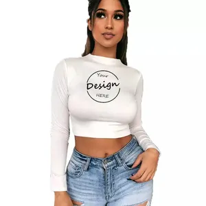 OEM-<span class=keywords><strong>T</strong></span>-shirts courts sexy basiques élégants pour femmes Vente en gros-Top court à manches longues décontracté sérigraphie pour femmes - Product Image 1