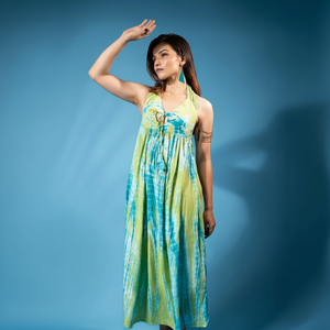 Bohemio hermoso Tie Dye verano Vintage colección para mujeres usan rayón sin espalda espagueti cuello en V Maxi vestido - Product Image 1