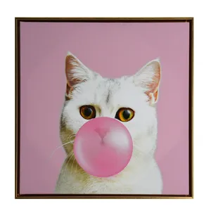 Factory Customized Pink Balloon Cat Series Set Of 2 Piece Design Canvas Printing Wall Art With Gold Frame For Home Decor