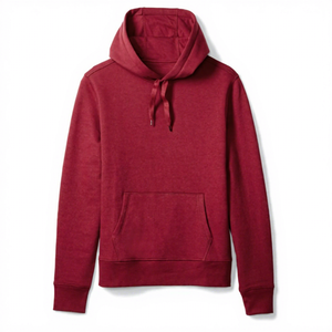 Men's Burgundy Hooded Sweatshirt Regular Fit Solid Color Pocket Design Casual Autumn Wear Knitted French Terry Material - Product Image 1