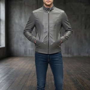 Leathertex Autumn Men's Formal <b>Sheepskin</b> Bottle Grey <b>Jacket</b>-Waterproof Windproof Quick Dry Short Length Zipper Closure Front - Product Image 3