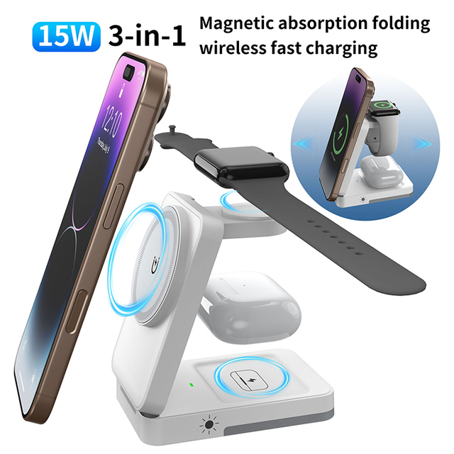 Multi Device Wireless Charging Station 15W Fast Charger Stand for Phone Watch Earbuds Charging Dock