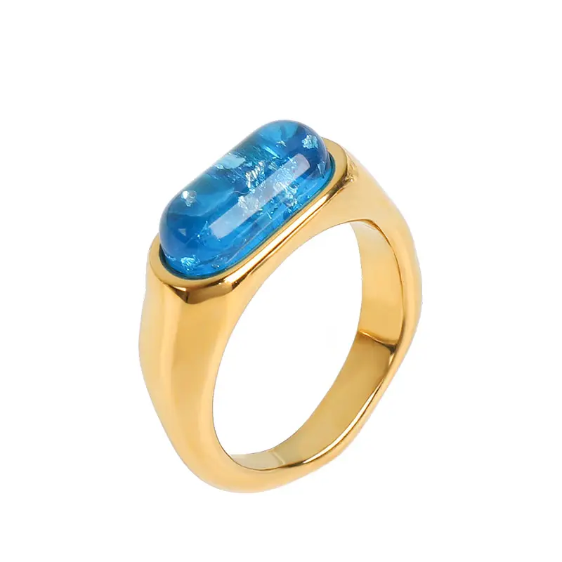 Summer Style Wholesale Custom Waterproof 18K Gold Plated Stainless Steel Blue White Epoxy Acrylic Resin Ring Jewelry for Women