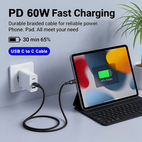 Kabel USB C ke USB C 1M PD 60W Grosir, Kabel Transfer Data 480Mbps Pengisian Cepat Berbahan Nilon untuk Ponsel Laptop