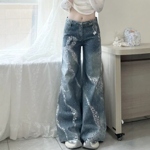 Vaqueros de mujer estilo americano, nuevos, lavados, con diamantes incrustados y lazo, de pierna recta, holgados y con caída. - Product Image 1