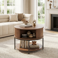 Table basse moderne haut de gamme à double niveau en bois avec structure en acier et rangement, pieds réglables pour salon