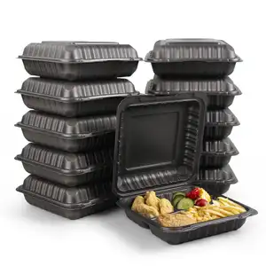黑色PP塑料便当午餐餐饮翻盖食品外卖盒微波炉一次性热成型餐食准备容器