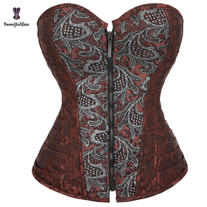 Crâne Style <span class=keywords><strong>Pirate</strong></span> Corsage Corselet Femmes Avant Zip Brun Overbust Top Corsets et Bustiers Avec 12 Os En Acier - Product Image 2