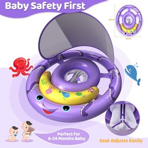 Bouée de piscine pour bébé sur le thème de la pieuvre violette avec auvent solaire amovible UPF50+ et siège de sécurité réglable - Product Image 3