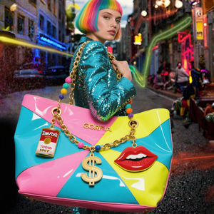 Дизайнерская роскошная сумка GORFIA модная яркая Лоскутная сумка-тоут с декоративными долларовыми подвесками для губ для женщин - Product Image 2