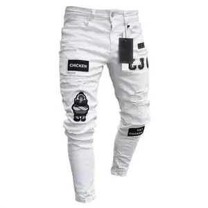 Calça jeans masculina personalizada para homens, calça jeans preta branca com rasgos e danos magros, estiramento cônico desgastado