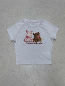 เสื้อยืดครอปคอกลมพิมพ์ลายหมีและกระต่ายน่ารักสำหรับผู้หญิง - Product Image 6