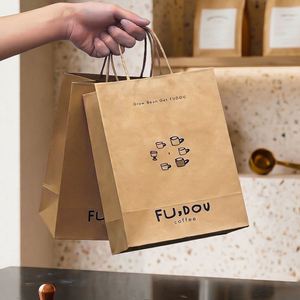 Custom Logo Printed Eco-Friendly Recyclable <b>Biodegradable</b> Disposable Kraft Paper Takeout Coffee <b>Packaging</b> Bags Twisted Handles - Product Image 4