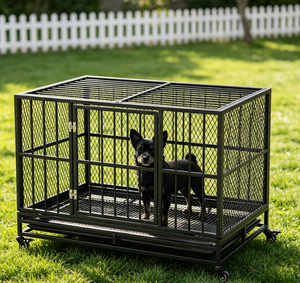 Kandang Anjing Logam Tahan Lama dengan Penutup Atap Lipat, Tata Letak Pintu Ganda, Roda, Baki Plastik yang Dapat Dilepas, Anti-Lepas, Desain Sederhana - Product Image 1