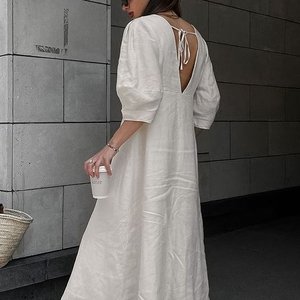 Dropshipping francese Resort Chic Vintage elegante cotone <span class=keywords><strong>lino</strong></span> manica a sbuffo abiti corti da donna camicia larga da donna - Product Image 3
