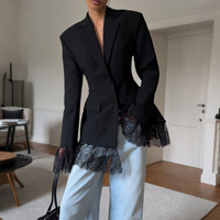 Blazers élégants pour femmes, hauts à manches longues noirs, blazers à volants en dentelle