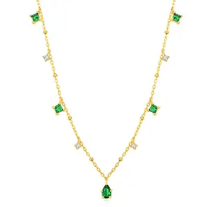 Luxury Jewelry 18k Pvd Gold Plated Bead Chain Dainty Necklace Sterling Silver Water Drop Emerald Zircon Pendant Necklace Women