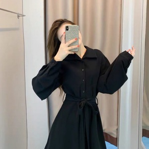 Black Shirt Dress Women Long Sleeve Turn Down Collar Solid Color Vintage Daily Wear A Line Mid Length Dress - Product Image 2