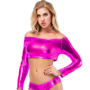 Multi Colors Women Wet Look Patent Leather Long Sleeve Vest Crop Top Sexy Nightclub Pole Tops
