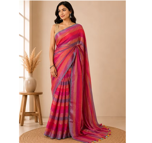 Elegante Sari de Algodón con Rayas Multicolores para Mujer, Tela Transpirable de Primera Calidad, Diseño de Lujo, Ropa Étnica de Moda - Product Image 1