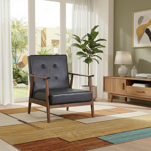 Chaise longue de style mid-century moderne avec structure en teck massif et revêtement en tissu pour salon, salle à manger, appartement, villa - Product Image 1