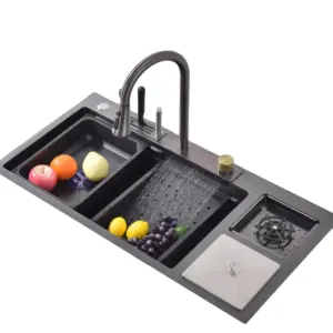 Éviers de cuisine noirs de luxe 304 en acier inoxydable chine moderne cascade pluie bol unique ensemble d'évier de cuisine multifonctionnel