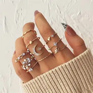 VKME Bohemian Vintage Wedding Festival Stars Moon Luxury Rhinestone Crystal Gold Jewelry Ring Set For Women