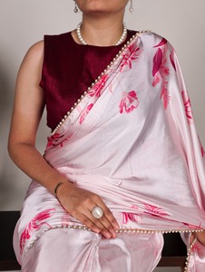 Sari en soie satinée japonaise rose élégant avec bordure perlée, pour femmes, pour mariage et soirée, style traditionnel Inde-Pakistan - Product Image 2