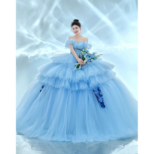 Blue Tulle Ball Gown Wedding Dress Sweetheart Neckline Empire Waistline For Indoor Photo Studio Shooting - Product Image 4