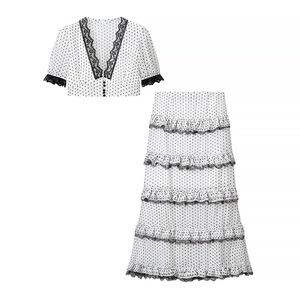 Conjunto <span class=keywords><strong>de</strong></span> Vestido y Top Corto con Cuello en V, Encaje y Estampado <span class=keywords><strong>de</strong></span> Puntos, Estilo Fresco <span class=keywords><strong>de</strong></span> Verano <span class=keywords><strong>para</strong></span> <span class=keywords><strong>Mujer</strong></span> - Product Image 1