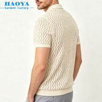 Polo en tricot pour homme, texture ondulée ajourée, manches courtes, col en V, respirant, chemise décontractée d'été
