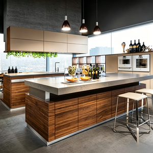 Meubles de cuisine modernes sur mesure BALOM, étagères flottantes en chêne noueux, plan de travail en pierre gris foncé, style naturel et organique - Product Image 2