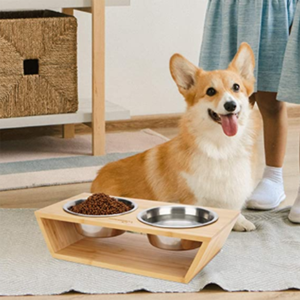 Mangkuk Kucing Besi Tahan Karat Mangkuk Makan Hewan Anjing Bambu Kayu Tempat Makan Berdiri Mangkuk Kucing dengan Mangkuk Keramik Ganda - Product Image 2