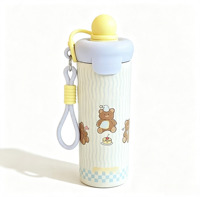Bouteille isotherme en acier 316 avec paille et motif ours de dessin animé, avec cordon de transport, pour étudiants, design mignon