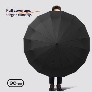 Parapluie pliant manuel à 16 baleines avec poignée en bois, protection UV, pluie et soleil, minimalisme moderne, pour homme, compact, extra-large, renforcé - Product Image 4