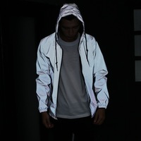 Veste coupe-vent à capuche gris pour homme, motif personnalisé, haute visibilité réfléchissante, style streetwear, pour entraînement, équitation, sport, discothèque, hip-hop