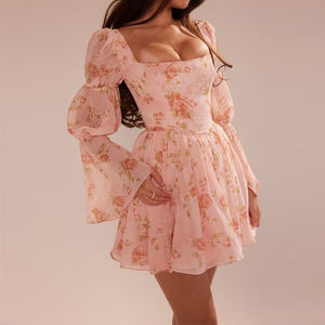 Abito Mini a Linea A con Schiena Scoperta, <span class=keywords><strong>Spalle</strong></span> <span class=keywords><strong>Scoperte</strong></span>, <span class=keywords><strong>Maniche</strong></span> <span class=keywords><strong>Lunghe</strong></span>, Stampa Floreale, Sexy e Dolce per Donna - Product Image 3