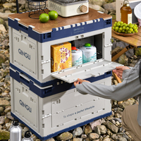 Grande Capacité 65L Camping en Plein Air Boîte de Rangement en Plastique PP avec Couvercle en Bois Pliable Empilable Plusieurs Portes Organisateur de Coffre de Voiture