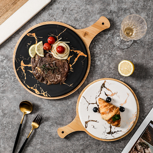 Piatti piatti nordici di forma rotonda piatti piatti in marmo bianco e nero con vassoio in bambù e manico per ristorante - Product Image 1
