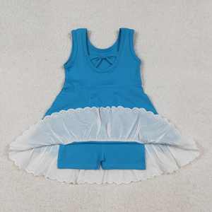 Robe d'été sans manches pour filles, respirante, bleue, à imprimé floral, avec nœud, style tourbillon, pour yoga et activités, longueur genou, coupe trapèze - Product Image 3