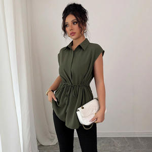 Camisa de Poliéster con Cuello en V, Manga Corta, Color Sólido, Estilo Coreano, Elegante, Transpirable, con Cordón Ajustable en la Cintura, para Mujer de Oficina - Product Image 6