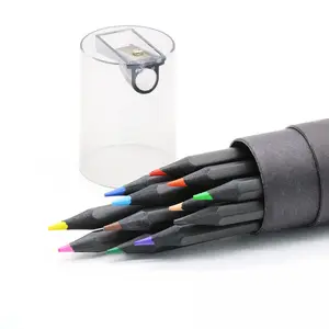 مجموعة أقلام ملونة سداسية الشكل مصنوعة من مادة الخشب الأسود عالية الجودة مع صندوق أنبوبي مخصص مكون من 12 قلمًا ملونًا وعددها 24 و36 قلمًا ملونًا