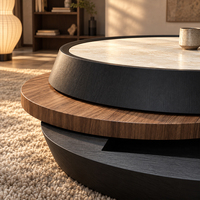 Table basse moderne en forme de tonneau avec plateau en cuir souple et bordure noire, construction en bois durable, design rotatif pour salon et usage domestique
