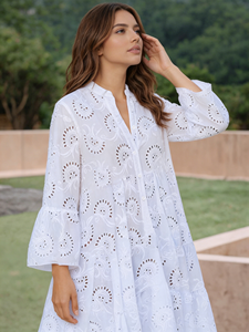 SWEET BABE ชุดเดรสผ้าฝ้ายลูกไม้สีขาวหรูหราสำหรับผู้หญิง |   ตัวเลือกไซส์พลัส |   เดรสทรงเอไลน์ปักลายตาไก่แบบไล่ระดับ - Product Image 4