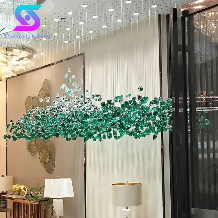 Custom Grote Project Groene Steen Indoor Decoratieve Hotel Lobby Moderne Luxe Crystal Led Kroonluchter