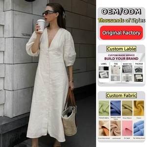 <span class=keywords><strong>Abito</strong></span> Camicia <span class=keywords><strong>Midi</strong></span> <span class=keywords><strong>Estivo</strong></span> in Cotone e Lino con Bottoni Frontali, Scollo a V, Maniche a Sbuffo, Schiena Aperta e Logo Personalizzato per Donne - Product Image 1