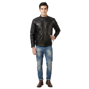 Chaqueta de Cuero con Cuello Alto y Diseño Personalizado, Color Sólido, Estilo Vintage para Hombre - Product Image 1