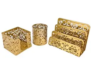 Desk Organizer and Accessories Office Stationery 3-Piece Includes Letter Sorter Pen Holder Sticky Notes Holder Gold